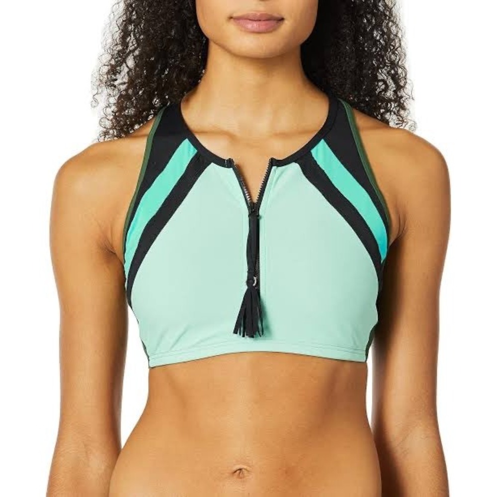 Beach House Sport Bikini Top Womens 6 Green Excellent Zipper‎ Mesh Racerback
